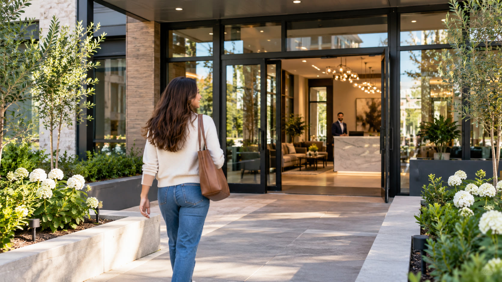 Prospective customer arriving at a landscaped community entrance