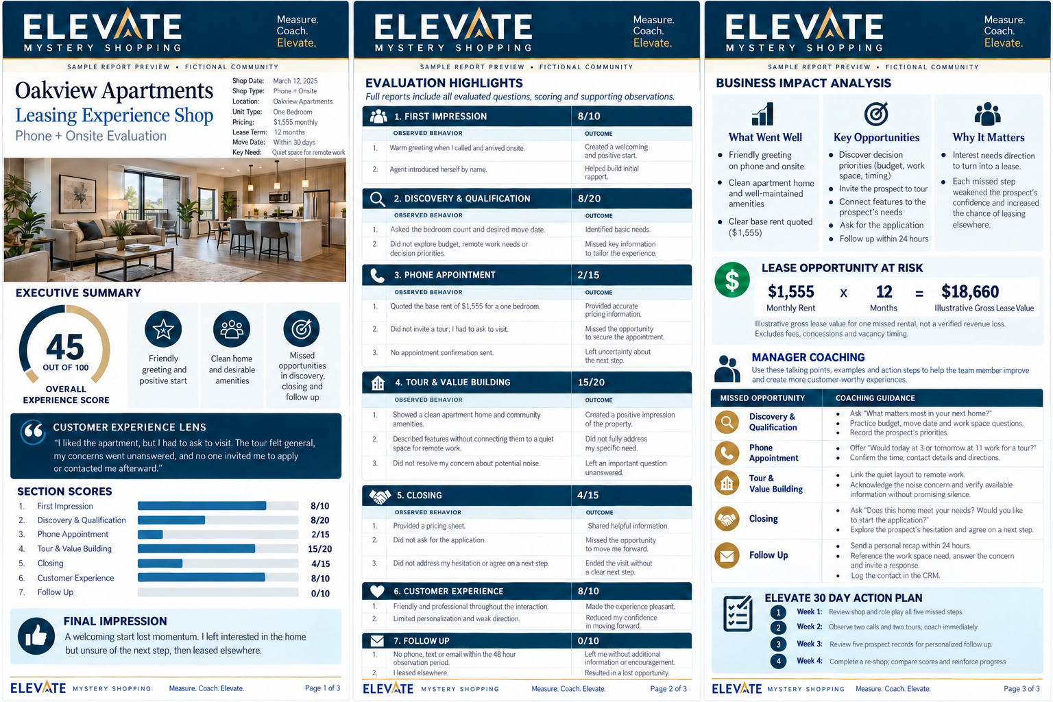 Three pages of one fictional leasing shop: experience summary, evaluation highlights, and business impact with coaching and action plan